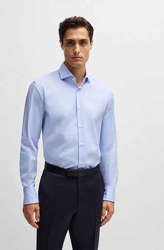 Regular-fit shirt in structured cotton with double cuffs, Light Blue