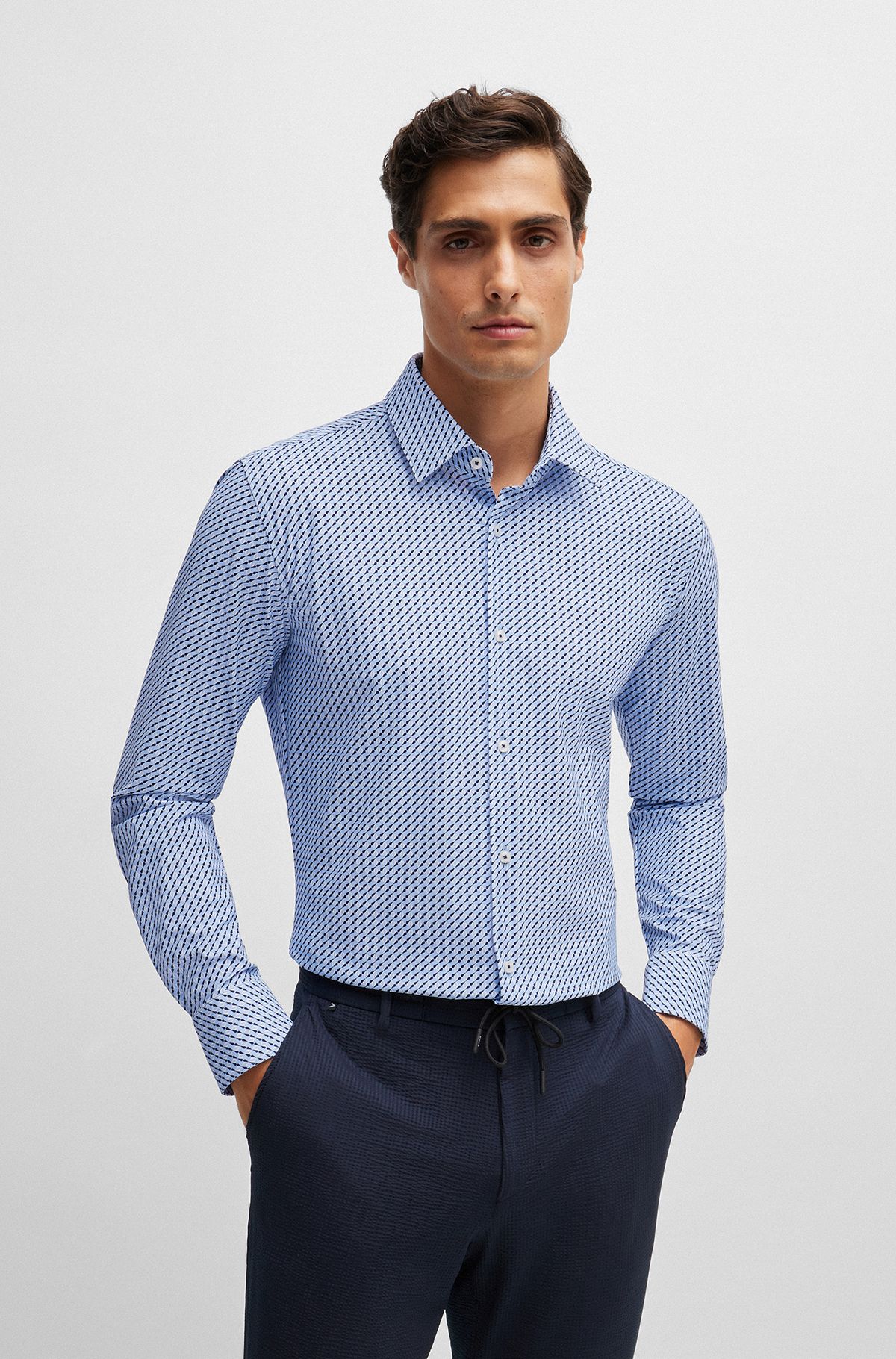 Slim-fit shirt in printed performance-stretch material, Light Blue