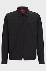 Oversized-fit zip-up shirt jacket with metal logo detail, Black