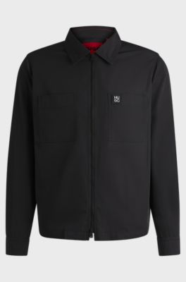 Oversized-fit zip-up shirt jacket with metal logo detail, Black