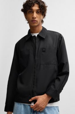 Oversized-fit zip-up shirt jacket with metal logo detail, Black