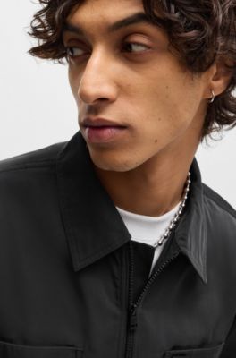 Oversized-fit zip-up shirt jacket with metal logo detail, Black