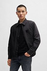 Oversized-fit zip-up shirt jacket with metal logo detail, Black