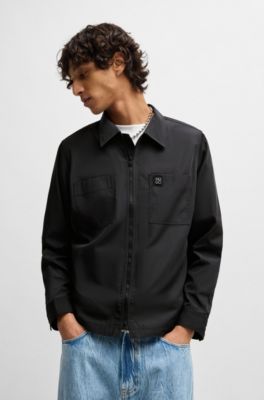 Oversized-fit zip-up shirt jacket with metal logo detail, Black