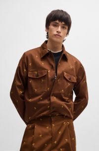 Camicia oversize in twill con ricamo floreale, Marrone