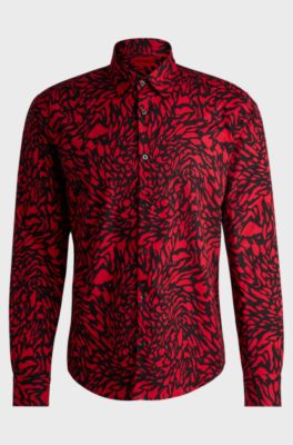 Slim-fit shirt in printed cotton poplin, Red
