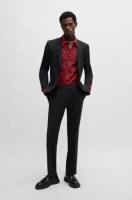 Slim-fit shirt in printed cotton poplin, Red