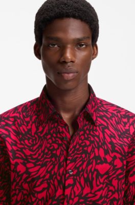 Slim-fit cotton poplin shirt with bold print, Pink Patterned