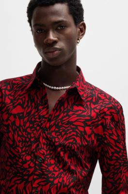 Slim-fit shirt in printed cotton poplin, Red