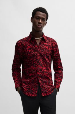 Slim-fit shirt in printed cotton poplin, Red
