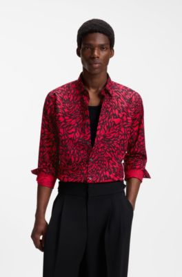 Slim-fit cotton poplin shirt with bold print, Pink Patterned