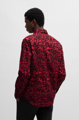 Slim-fit shirt in printed cotton poplin, Red