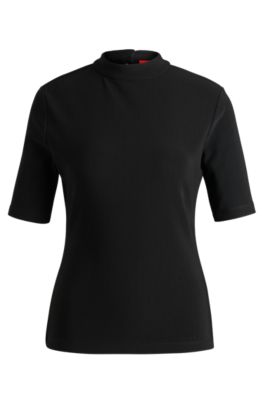 Ribbed-jersey slim-fit top with mock neckline, Black