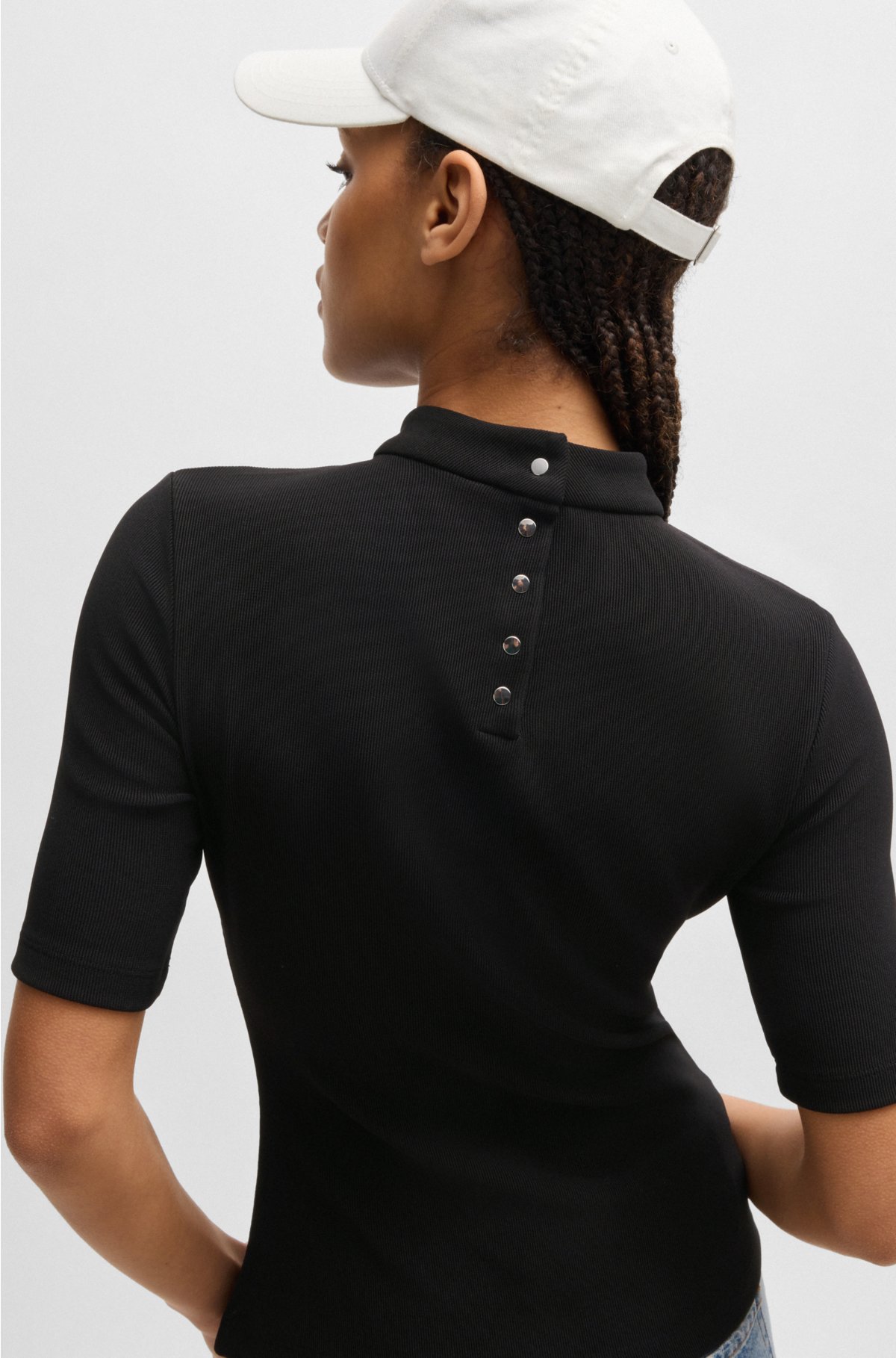 Ribbed-jersey slim-fit top with mock neckline, Black