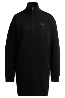 Cotton-terry zip-neck dress with Happy HUGO badge, Black