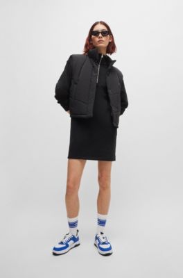 Cotton-terry zip-neck dress with Happy HUGO badge, Black