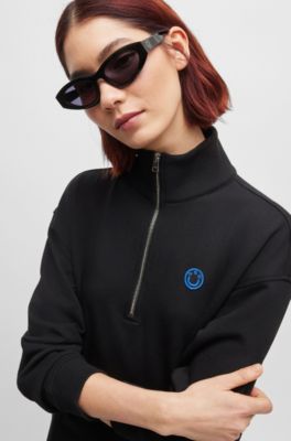 Cotton-terry zip-neck dress with Happy HUGO badge, Black