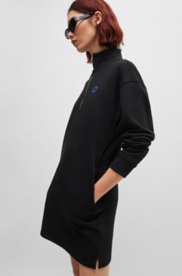 Cotton-terry zip-neck dress with Happy HUGO badge, Black