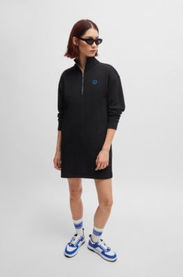 Cotton-terry zip-neck dress with Happy HUGO badge, Black