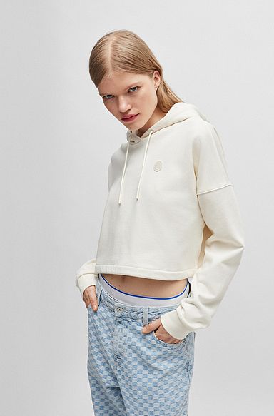 Cropped cotton-terry hoodie with smiley logo badge, Natural