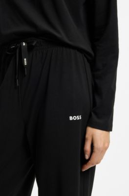 Drawstring pyjama bottoms in stretch cotton with logo detail, Black
