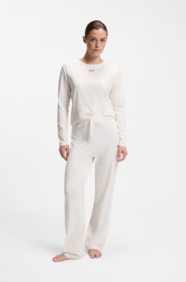 Drawstring pyjama bottoms in stretch cotton with logo detail, Natural