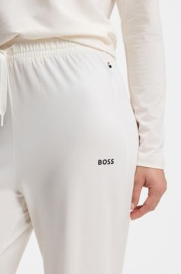 Drawstring pyjama bottoms in stretch cotton with logo detail, Natural