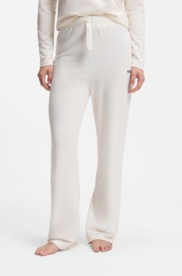 Drawstring pyjama bottoms in stretch cotton with logo detail, Natural