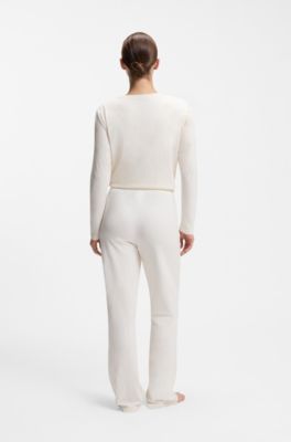 Drawstring pyjama bottoms in stretch cotton with logo detail, Natural