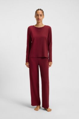 Drawstring pyjama bottoms in stretch cotton with logo detail, Dark Red