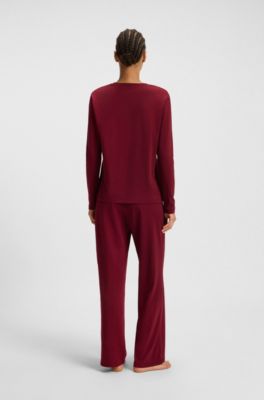 Drawstring pyjama bottoms in stretch cotton with logo detail, Dark Red
