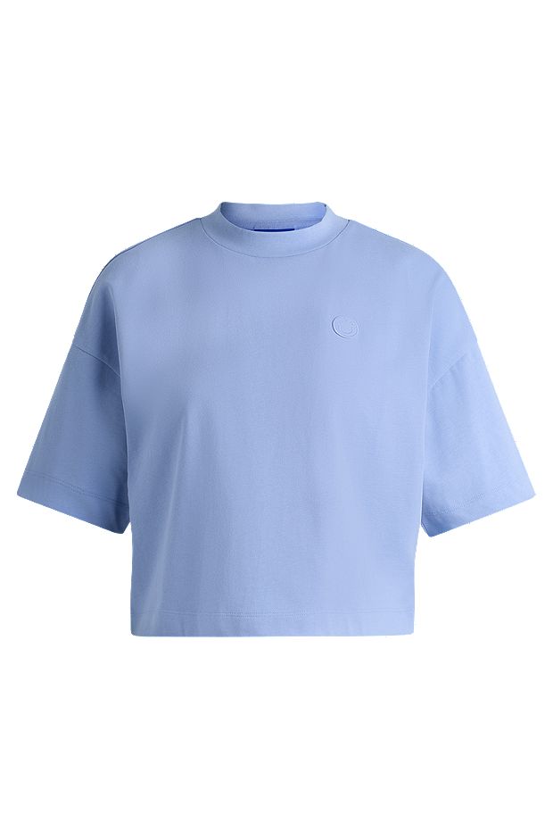 Cropped T-shirt in cotton jersey with logo badge, Light Blue