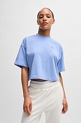 Cropped T-shirt in cotton jersey with logo badge, Light Blue
