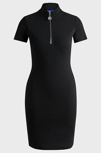 Stretch-cotton dress with logo zip puller, Black