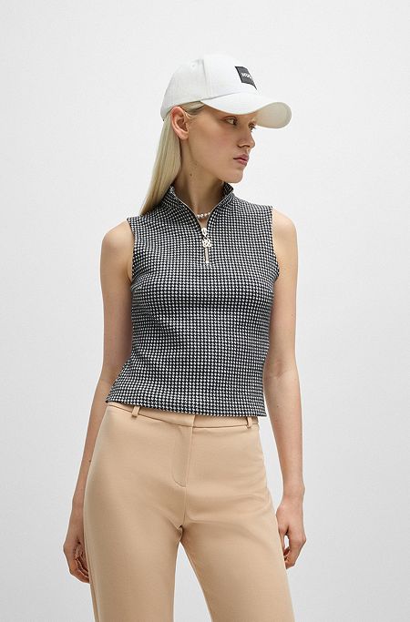 Cotton-blend top in houndstooth jacquard with zip closure, Patterned