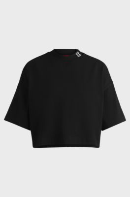 Cotton-jersey relaxed-fit cropped T-shirt with stacked logo, Black