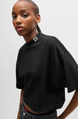 Cotton-jersey relaxed-fit cropped T-shirt with stacked logo, Black