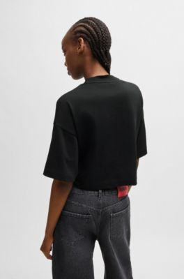 Cotton-jersey relaxed-fit cropped T-shirt with stacked logo, Black