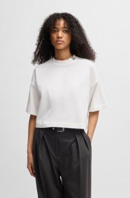 Cotton-jersey relaxed-fit cropped T-shirt with stacked logo, White
