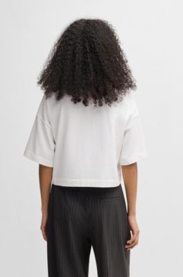 Cotton-jersey relaxed-fit cropped T-shirt with stacked logo, White