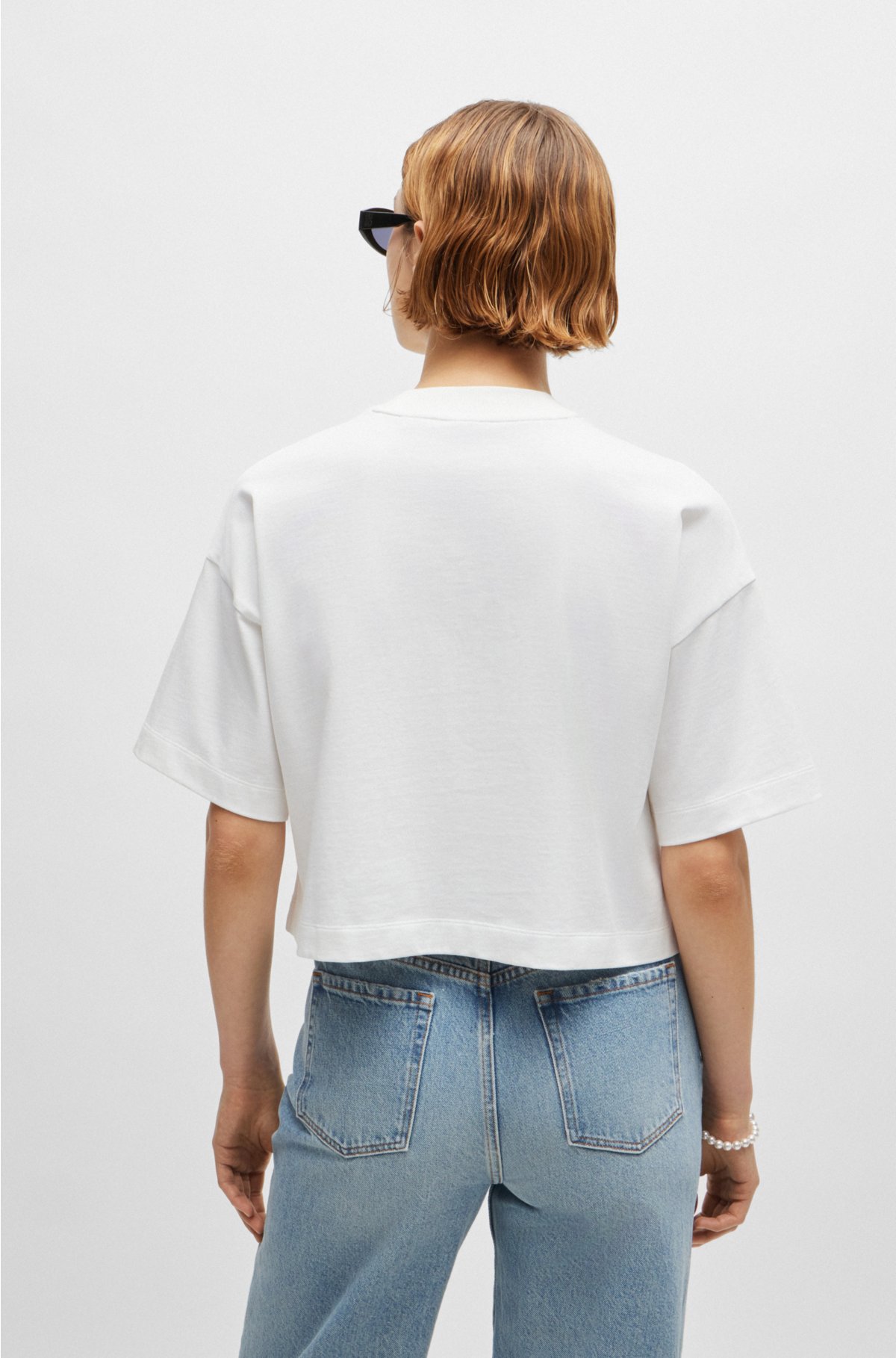 HUGO - Cotton-jersey relaxed-fit cropped T-shirt with stacked logo
