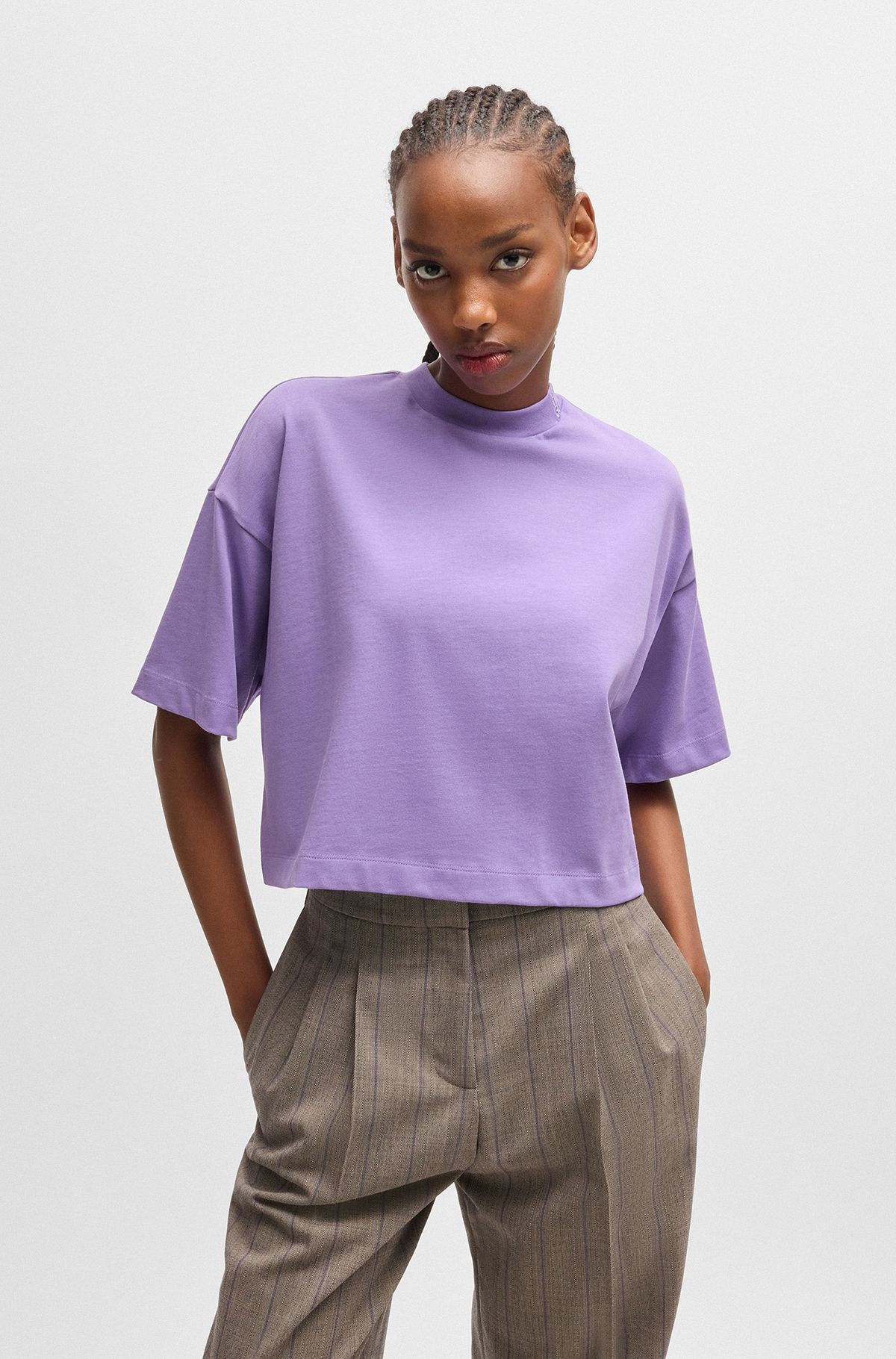 Cotton-jersey relaxed-fit cropped T-shirt with stacked logo, Light Purple