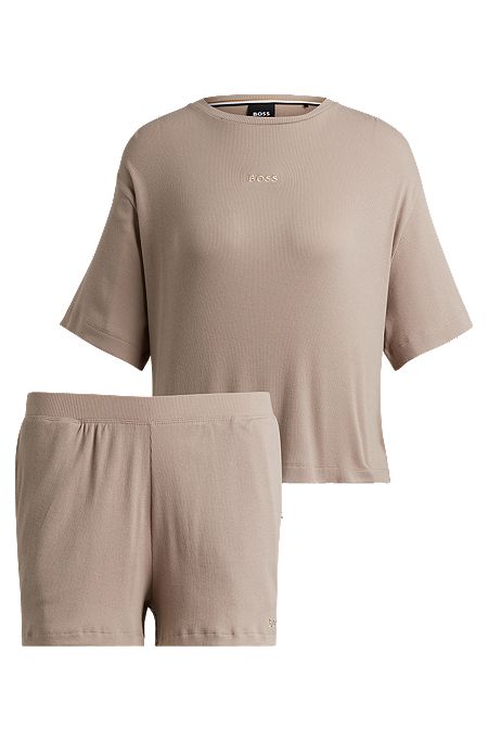 Short pyjamas in ribbed cotton with logo details, Light Beige