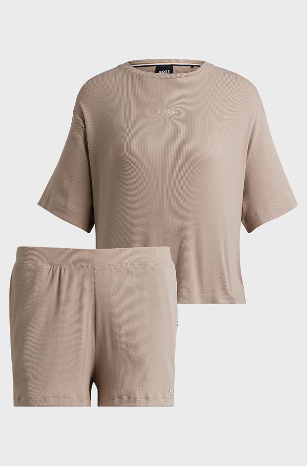 Short pyjamas in ribbed cotton with logo details, Light Beige