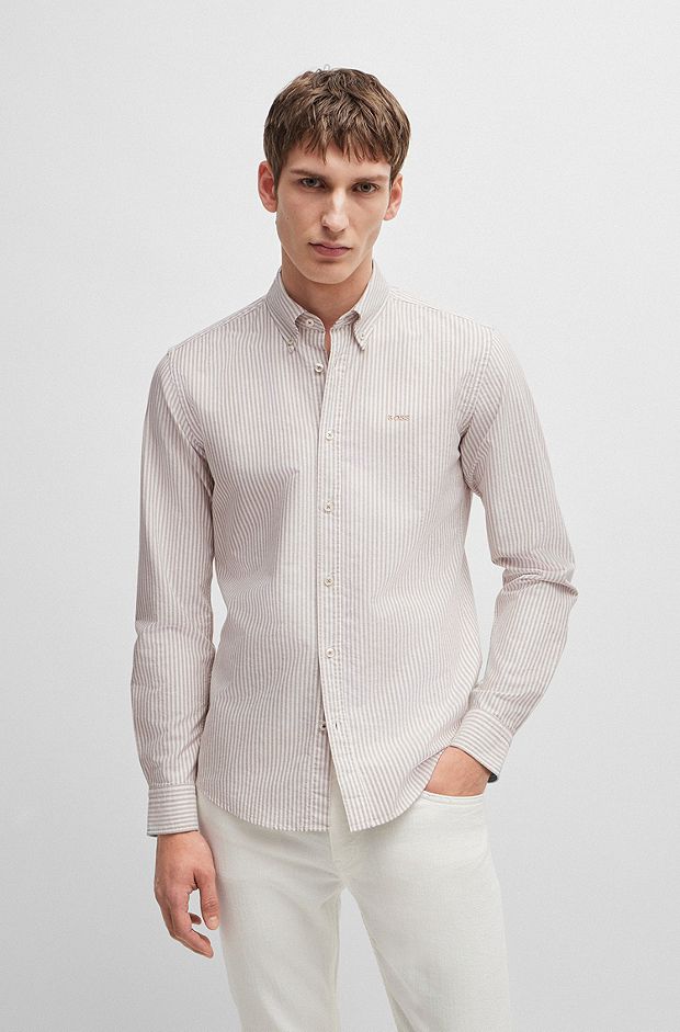 Slim-fit shirt in striped Oxford cotton, Light Beige