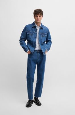 BOSS ダークブルー ストライプシャツ Lサイズ