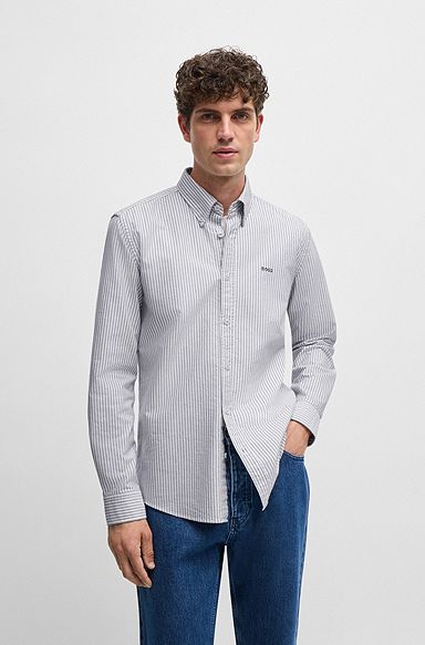 Slim-fit shirt in striped Oxford cotton, Dark Blue