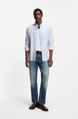 Slim-fit shirt in striped Oxford cotton, Light Blue