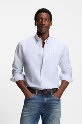 Slim-fit shirt in striped Oxford cotton, Light Blue