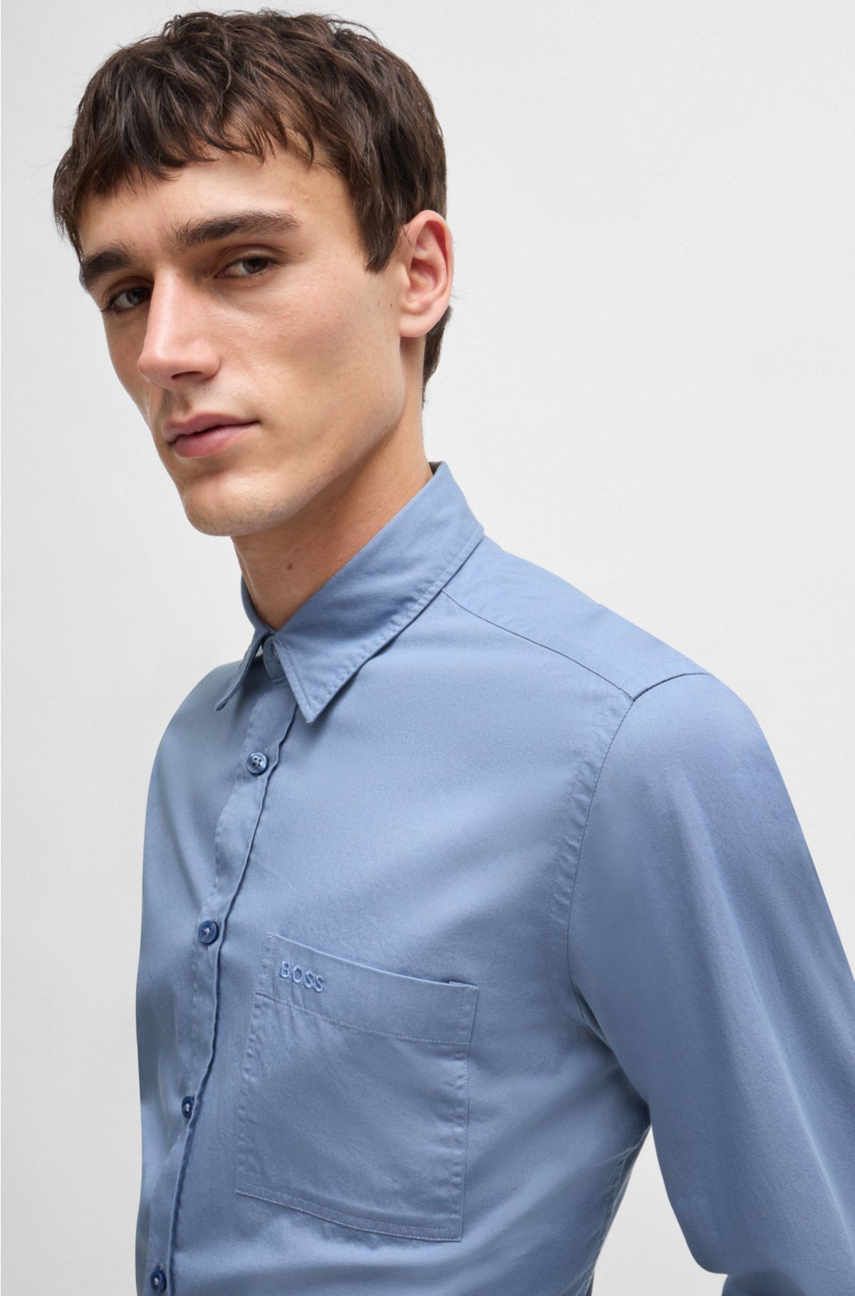 Regular-fit shirt in washed cotton twill, Light Blue